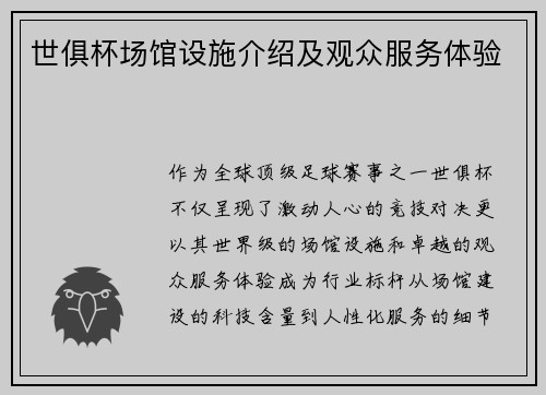 世俱杯场馆设施介绍及观众服务体验